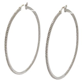 Pair of Diamond, 10k White Gold Hoop Earrings