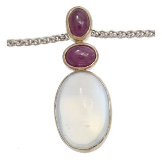 Ruby, Moonstone, 18k, 14k White Gold Necklace