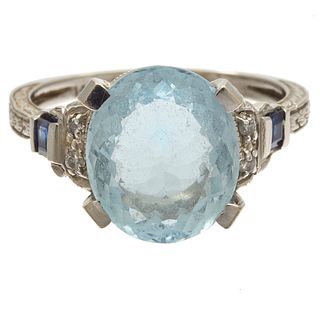 Aquamarine, Diamond, Sapphire, 14k White Gold Ring