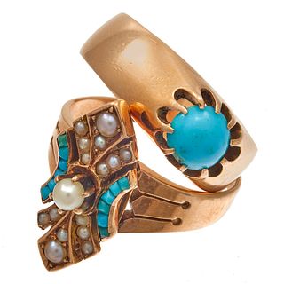 Collection of Two Turquoise, Seed Pearl, Rose Gold Rings