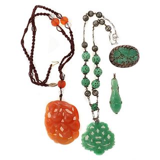 Carved jade, rock crystal, silver, gold-filled jewelry