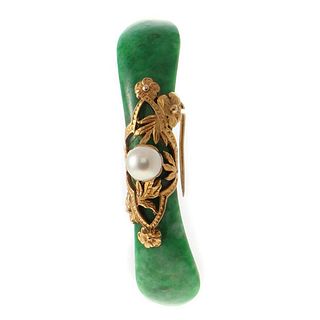 Jade, cultured pearl & high karat gold curved brooch