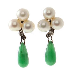 Pearl, jade, diamond, 14k white gold clip earrings