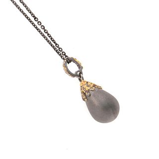 Diamond, oxidized silver, gold egg pendant & chain