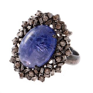Tanzanite, diamond & blackened silver ring