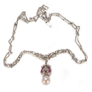 Vintage diamond, ruby, and cultured pearl necklace