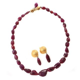 Faceted ruby bead, gilt silver necklace & earrings set