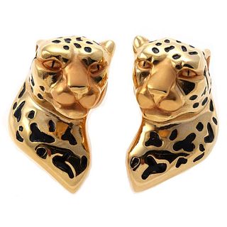 Charles Garnier 18k gold, enamel leopard earrings