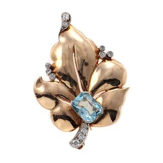 Retro aquamarine, diamond and 14k gold brooch