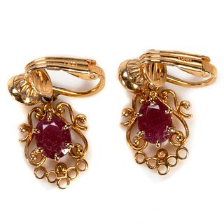 Pair of ruby and 14k gold earrings