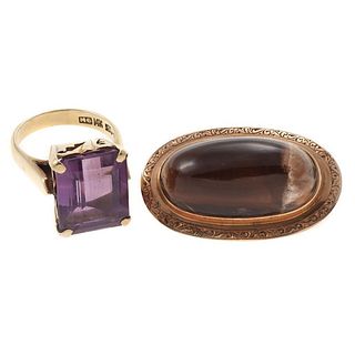 Gem-set, gold ring and brooch