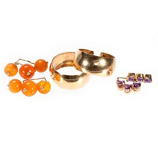 Pair of interchangeable, gem-set gold hoop earrings
