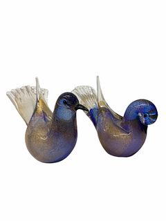 Pair of Murano Art Glass Gold Flake Birds