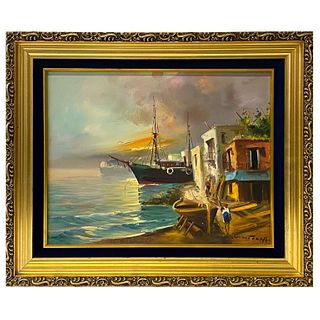 Artist Unknown, Harbor Oil Painting. Signed.