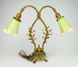GILT METAL FLORAL LAMP w PULLED FEATHER SHADES