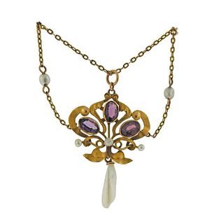 Antique Victorian 14K Gold Amethyst Pearl Lavalier Necklace