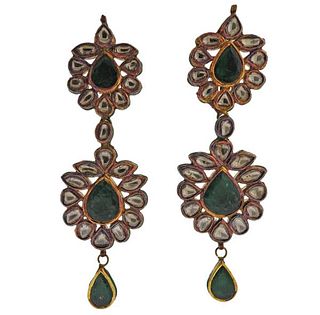 18K Gold Diamond Emerald  Enamel  Earrings