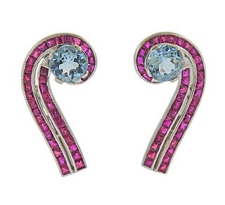 Retro Platinum Aquamarine Ruby Earrings