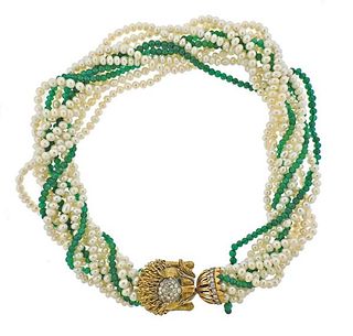 14K Gold Diamond Emerald Pearl Green Stone Lion&#39;s Head Necklace 
