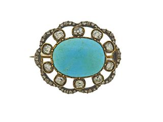 Antique 14k Gold Silver Diamond Turquoise Brooch 