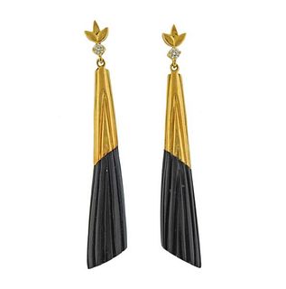 Bernard K Passman 18K Gold Diamond Black Coral Earrings