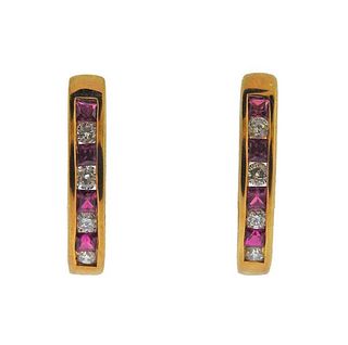 18K Gold Diamond Ruby Hoop Earrings