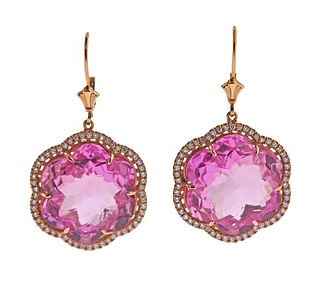 14K Gold Diamond Pink Stone Flower Drop Earrings