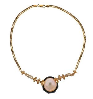 18K Gold Diamond Onyx Mabe Pearl Pendant Necklace 