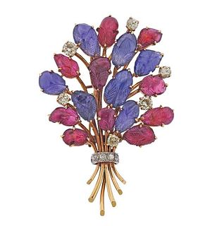 14K Gold Diamond Carved Ruby Sapphire Flower Brooch Pin