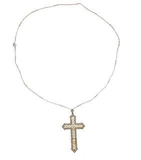 Platinum 18K Gold Diamond Pearl Cross Pendant on 10k Gold Necklace