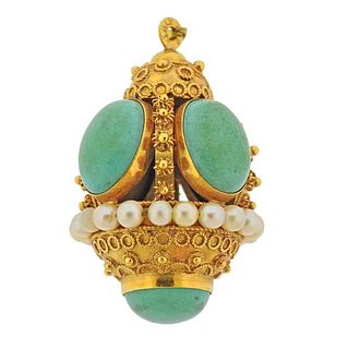 Italian 18K Gold Blu Stone Pearl Pendant