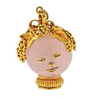 Whimsical 18K Gold Rose Quartz Face Pendant