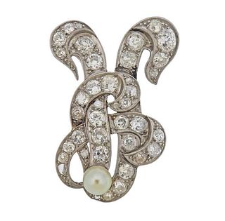 Art Deco Platinum Diamond Pearl Brooch Pin