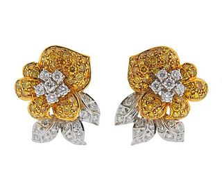 18K Gold White Yellow  Diamond Floral Earrings