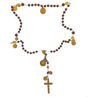 18k Gold Gemstone Enamel Pearl Rosary Necklace 