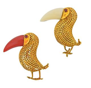 18K Gold Coral Ruby Toucan Brooch Pin Set