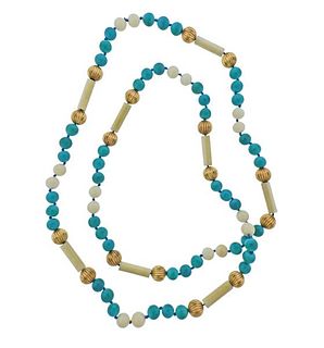 Gold Turquoise White Stone Bead Necklace