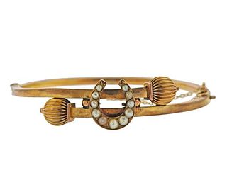 Antique Victorian 10K Gold Pearl Horseshoe Bangle Bracelet