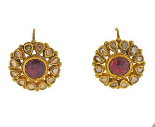 Indian 22K Gold Diamond Gemstone Enamel Earrings