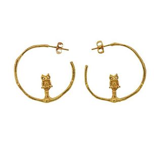 14K Gold Diamond Owl Hoop Earrings