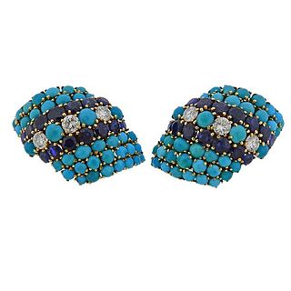 David Webb 1960s Gold Turquoise Diamond Sapphire  Earrings