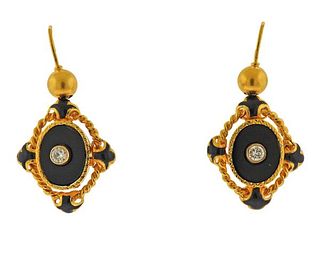 14K Gold Diamond Onyx Enamel Earrings