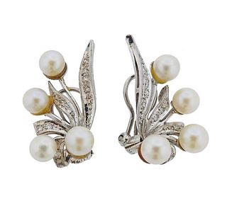 Mid Century 1950s 14k Gold Pearl Diamond Earrings