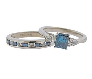 14k Gold Blue Diamond Engagement Wedding Ring Set 