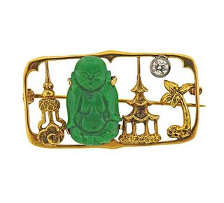 14k Gold Carved Jade Diamond Brooch Pin 