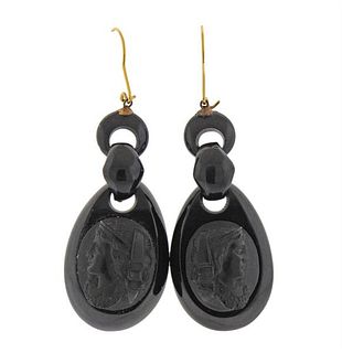 Antique Victorian Carved Cameo Black Stone 14k Gold Earrings 