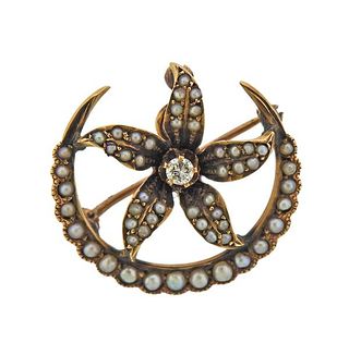 Antique Victorian Gold Diamond Pearl Brooch Pendant
