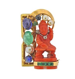 14k Gold Carved Coral Sapphire Emerald Diamond Pearl Brooch 