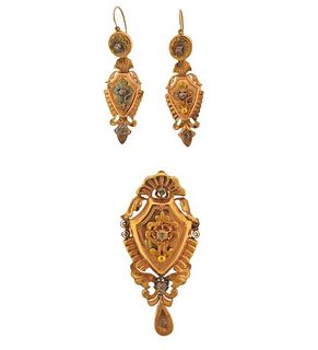 Antique Victorian 18k Gold Diamond Earrings Brooch Set 