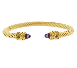 14k Gold Cable Amethyst Peridot Cuff Bracelet